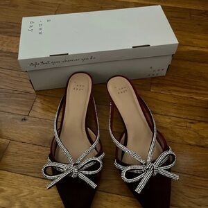 a new day Burgundy Pointed Toe Bow Slip-On Mules with Crystal Bow